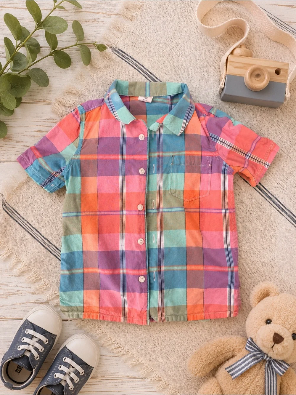 GAP Kids Preppy Coral Teal Purple Plaid Button-Front Shirt